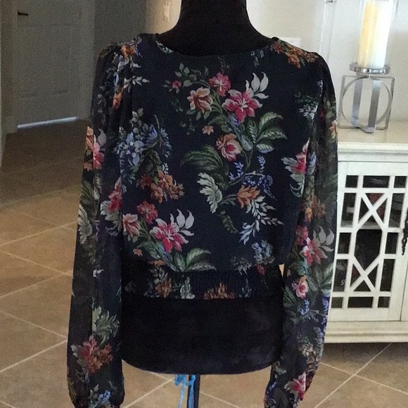 HAVER London floral print smocked waist top, black background, size large - Picture 6 of 11
